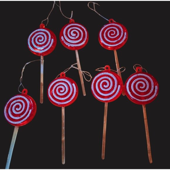 Lot Of 7 Red Glass Lollipop Ornaments 5" Hanging Holiday Decorations - Picture 2 of 6
